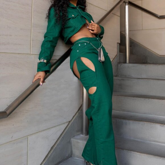 Maniere De Voir - Green Denim - Cutout Jacket and Jeans Set💚👖 - Picture 3 of 6